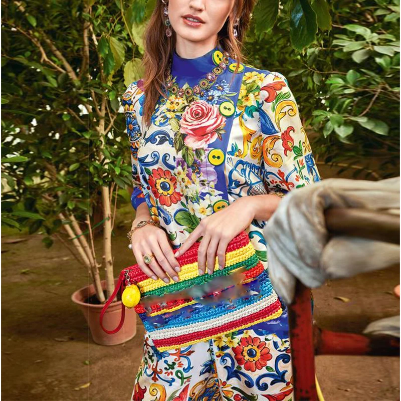 

2022 Spring Summer Women Sicily Pant Sets Quality Runway Blouse + Printed Pant 2 Pieces Sets Women