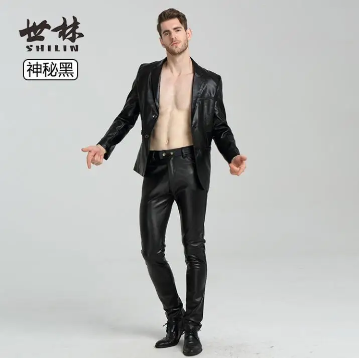 Waterproof thin faux leather pants mens motorcycle pu pants fashion fashion black trousers for men personality pantalon homme