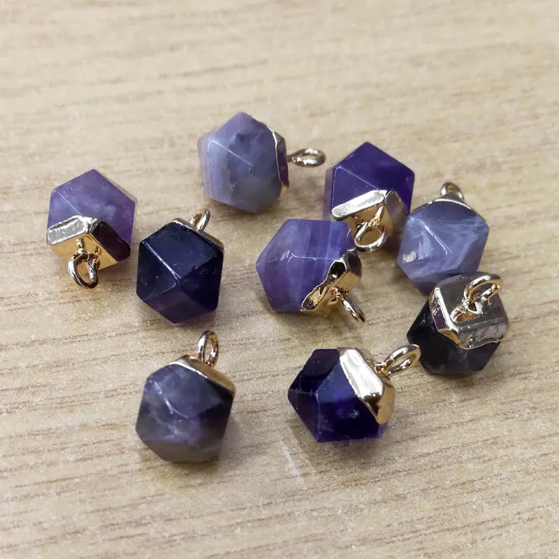

Fashion polyhedron Shape gold color Faceted purple crystal Point Pendant,Natural Stone amethy Charms For earring Jewelry 12pcs