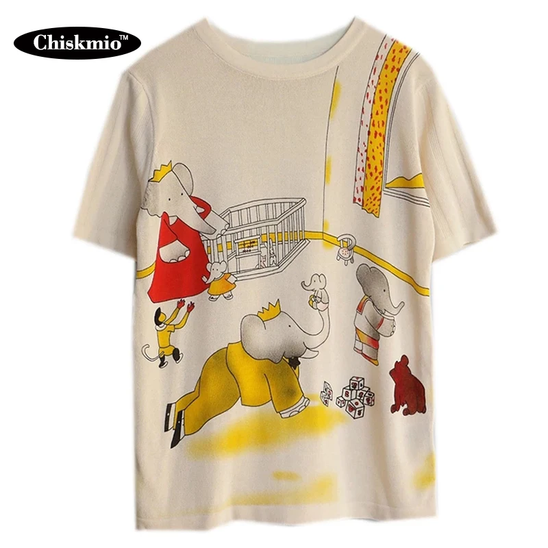 

Cartoon Elephant Print Kintted T-Shirt Female Clothing O-Neck Short Sleeve Tops Ladies Clothes Loose Casual Pullover Sweater