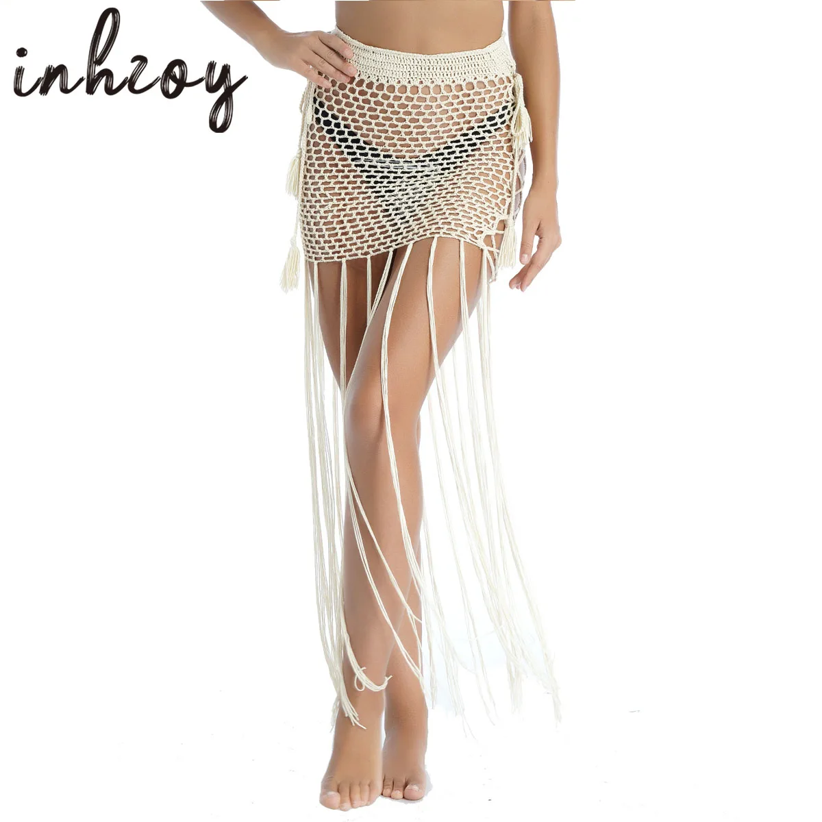 

Beach Fishnet Cover-Ups Women Crochet Skirt Hollow Out Swimwear Cover Ups Sexy Tassels Mini Skirt