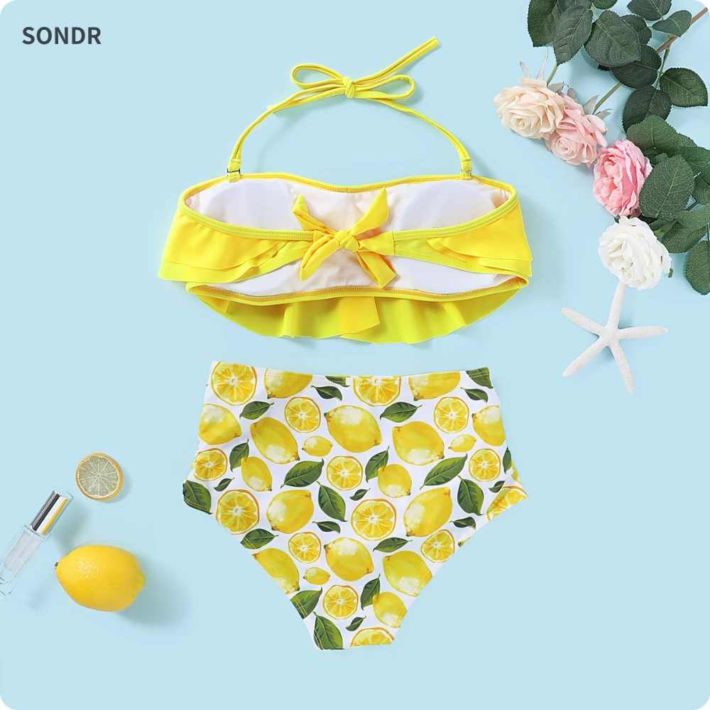 Мать и дочь купальник желтый лимон печатных Раффлед Бикини Набор для мама Семья
