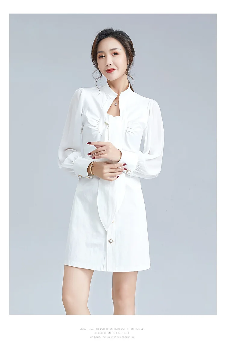 

2021 Spring Women's Collar Tie With Single Row Buckle Dress New Fashion Loose ComfortablePress Fold Waist Collision Color Women