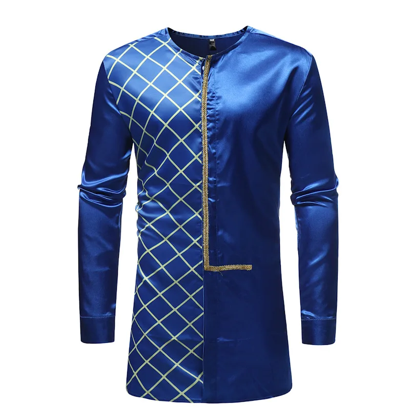 Dark blue Африканская одежда с длинным рукавом для мужчин, платье Дашики, клетчатая рубашка, традиционная африканская мода, богатый принт, длинные стильные халаты, Топ - Цвет: Dark blue