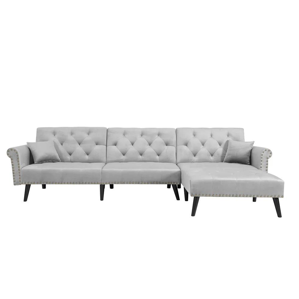 

Button Tufted Convertible Velvet Bed with 2 Pillows Reversible Chaise Sofa L Shape Sectional Couch Sleeper for Living Room