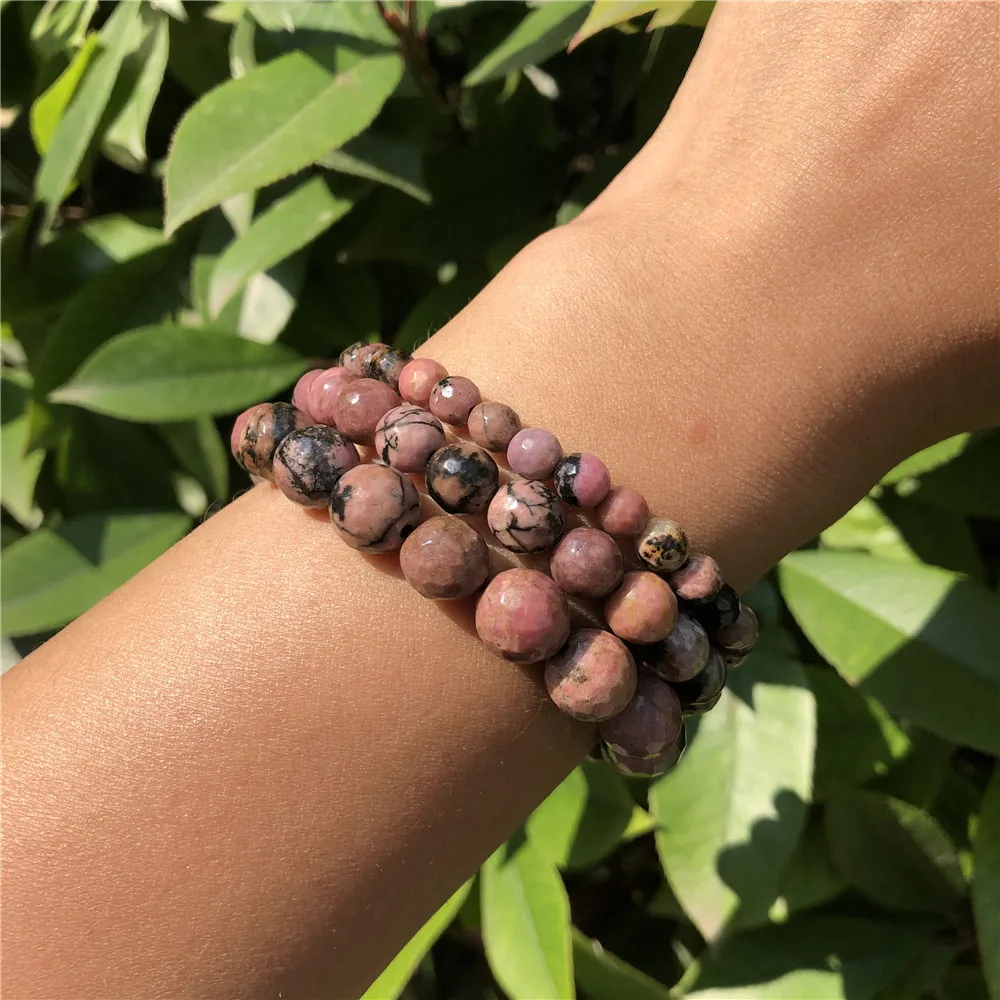 Натуральный 128 граненый браслет из родонита круглые бусины с украшением в виде