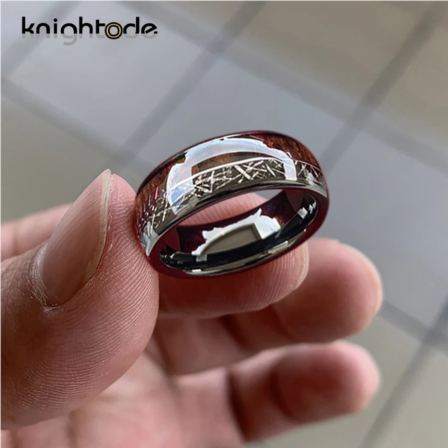 Black Meteorite/Koa Wood Unique Texture Inlay Black Tungsten Carbide Ring For 8mm Men Women Wedding Slivery Arrow Dome Polished