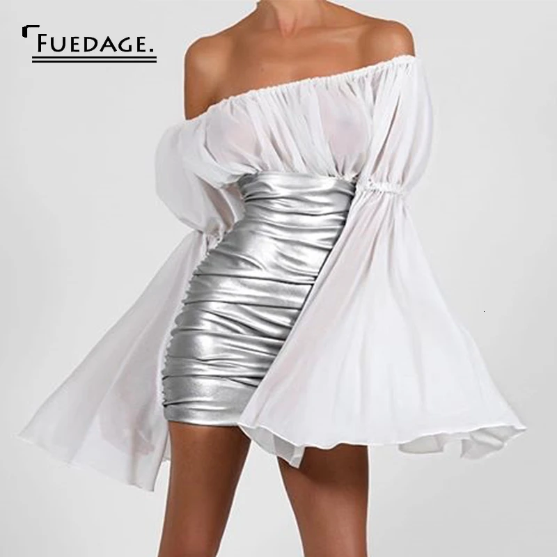 Fuedage осеннее лоскутное шифоновое пикантное платье из искусственной кожи женские