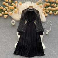 autumn vintage black velvet party dress women luxury diamond o neck puff long sleeve a line vestidos female elegant robe 2021