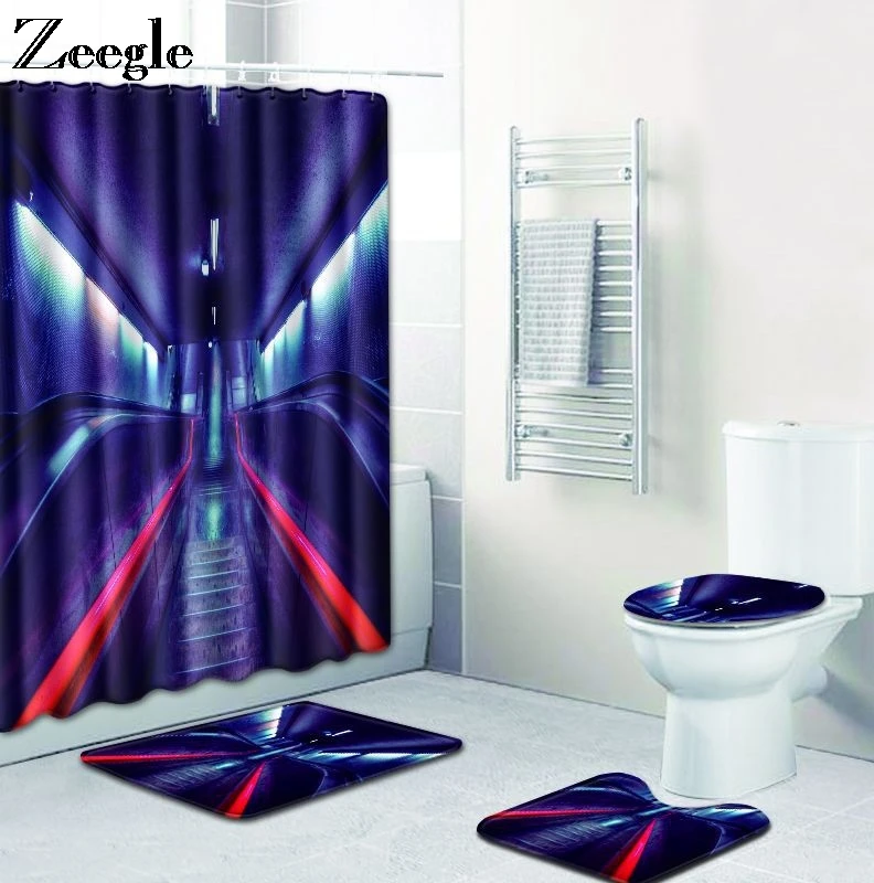 

Zeegle Bath Mat Set and Shower Curtain Printed Building Microfiber Pedestal Rug Lid Toilet Cover Bathroom Entrance Mat Foot Mat