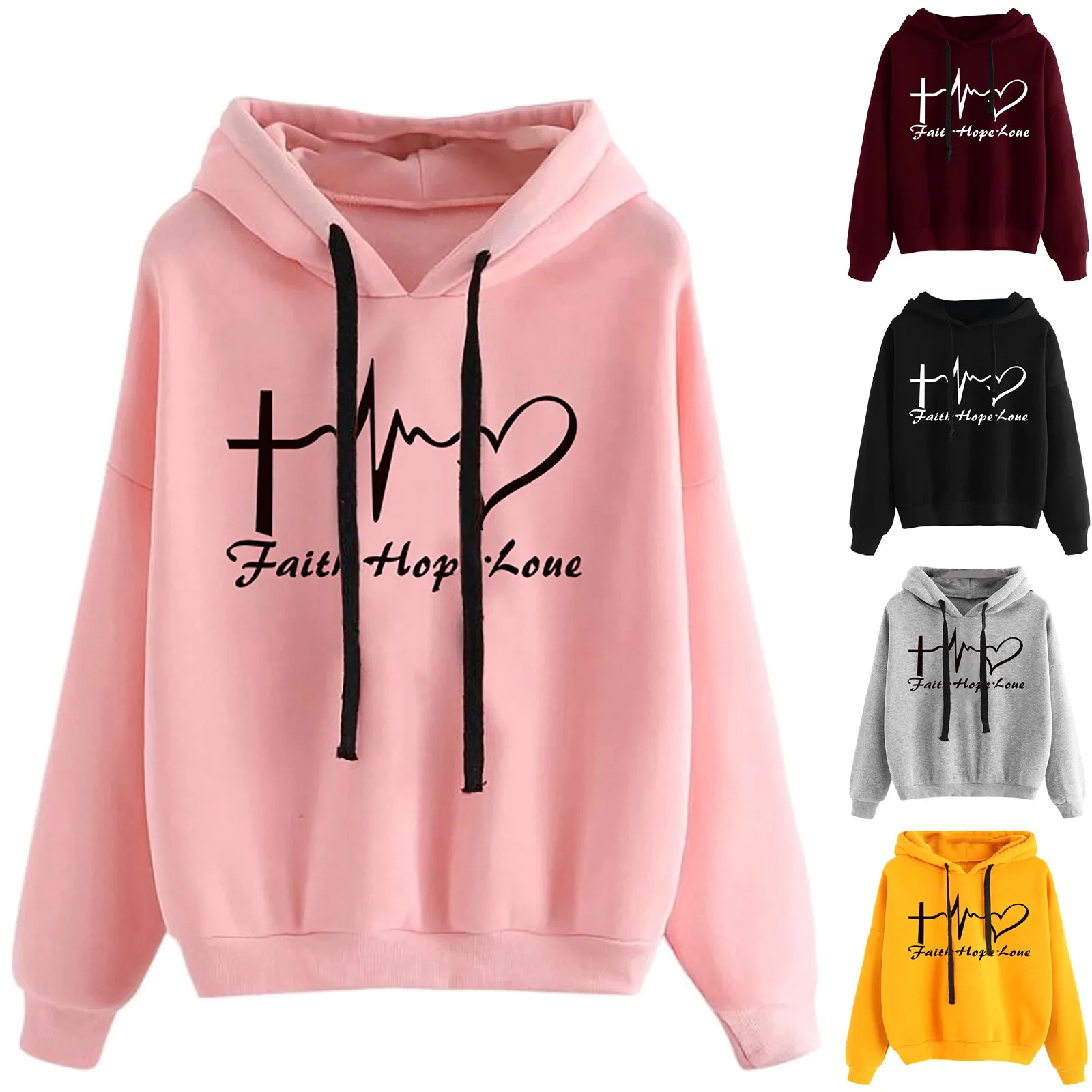

Women Hooded Sweatshirt Heart Letter Print Long Sleeve Drawstring Pullover Tops Autumn Winter Warm Female Clothes A20