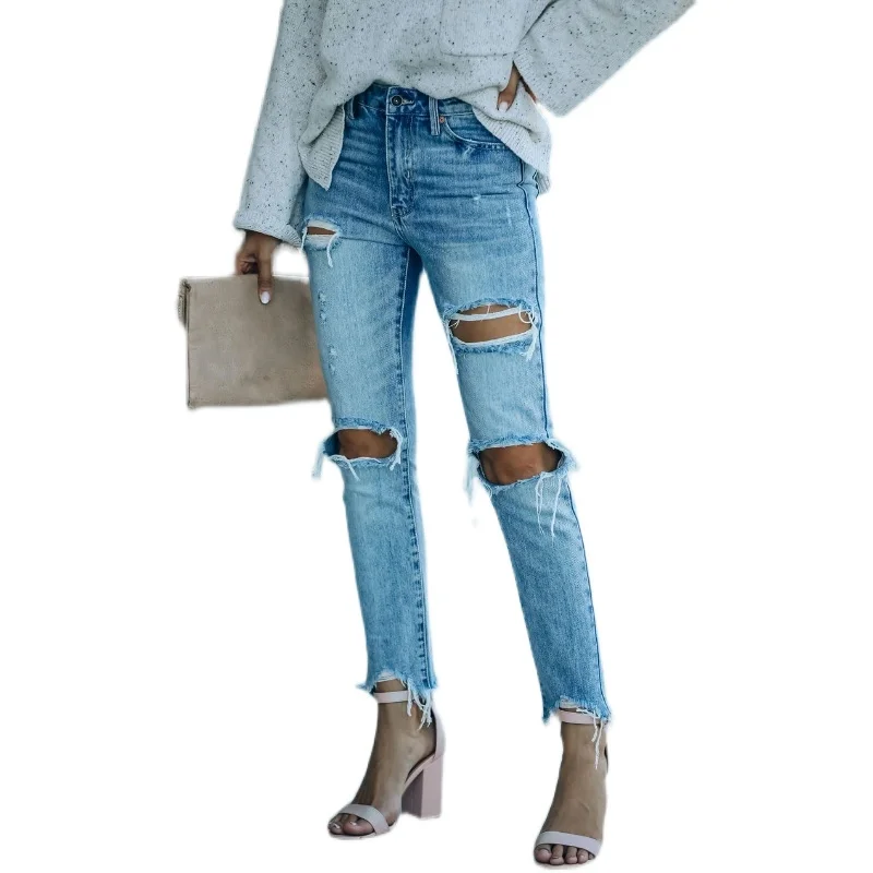 

Light Blue Hole Jeans Fit Small Feet Women High Waist Slim Sexy Washed Button Street Slim Wild 2021 Summer Fashion Casual Jeans