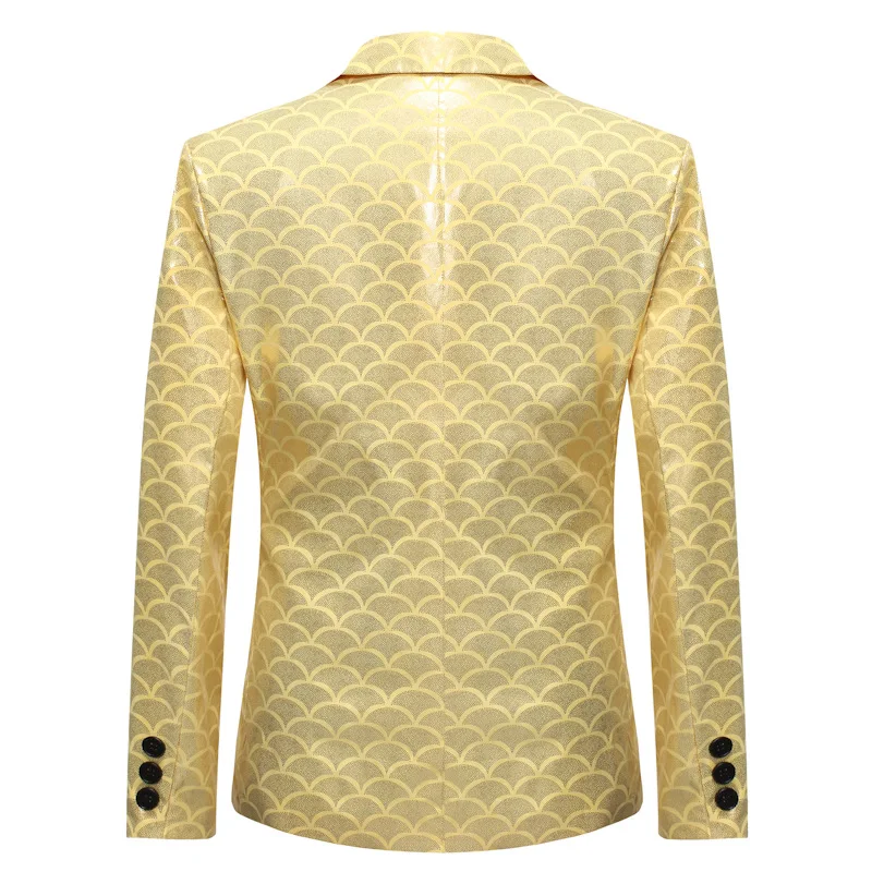 Блестящий золотистый блейзер с бронзовым принтом на одной пуговице для мужчин