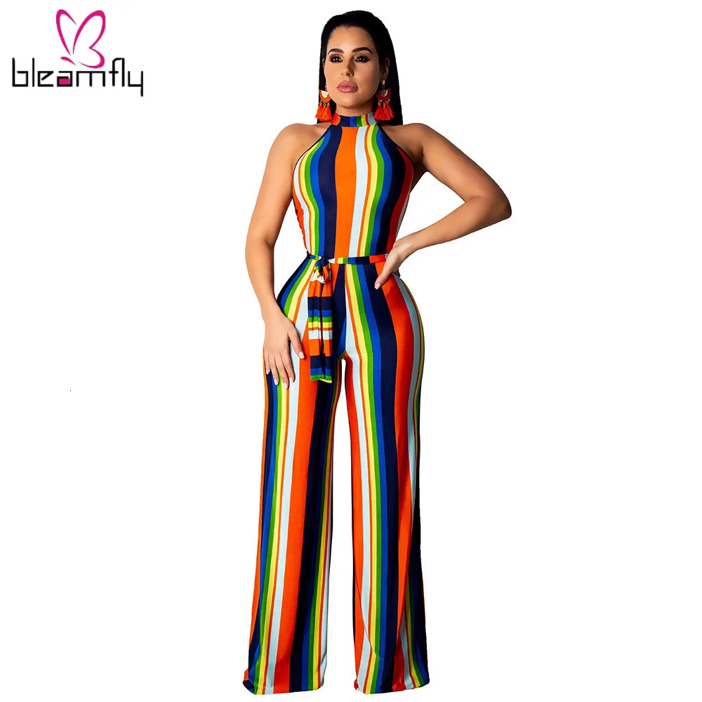 Женский Летний комбинезон в радужную полоску на шнуровке с бретелькой через шею