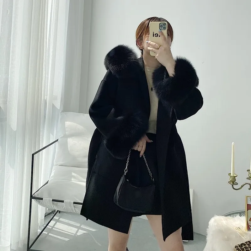 

Women Real Fox Fur Collar Wool Overcoat Elegant Belt Medium-Long Hooded Coat Luxury OL Style Winter Warm Outerwear Female