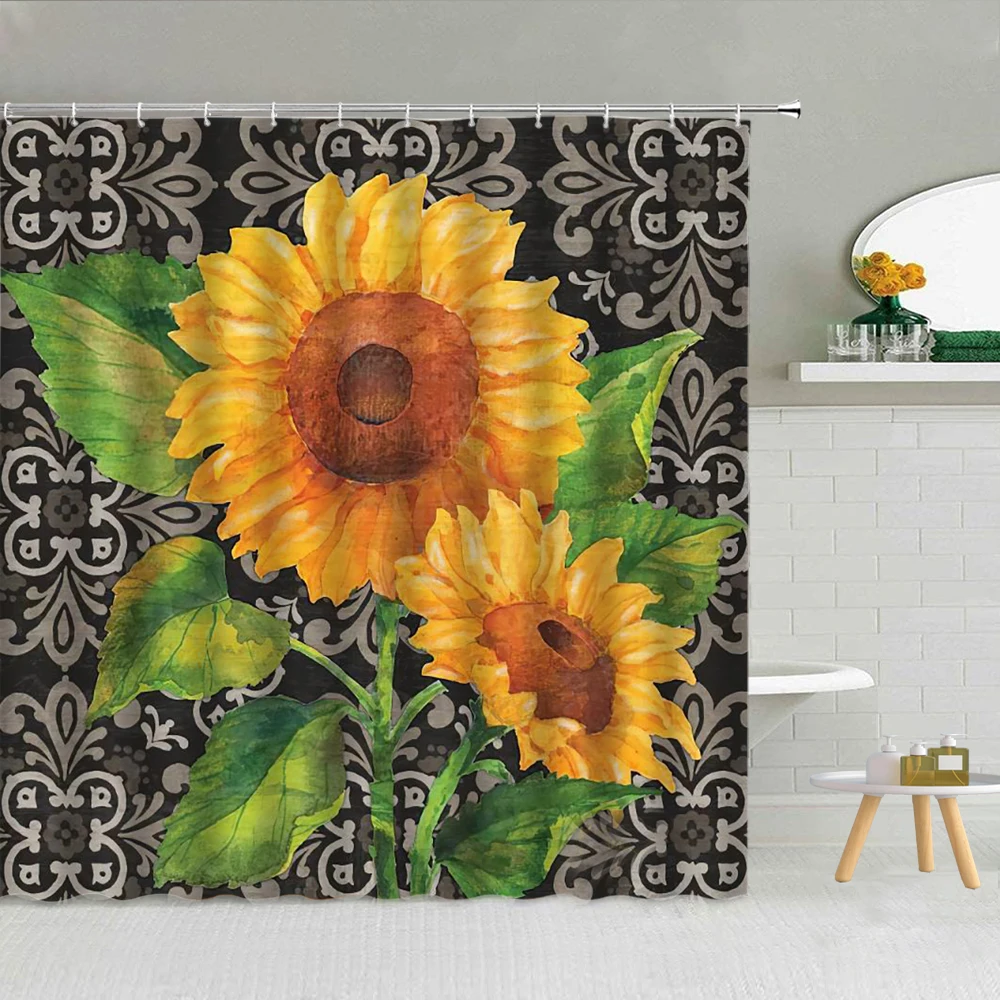 Cortina de ducha con patrón bohemio de girasol, cortina de baño de tela de poliéster con ganchos para decoración del hogar