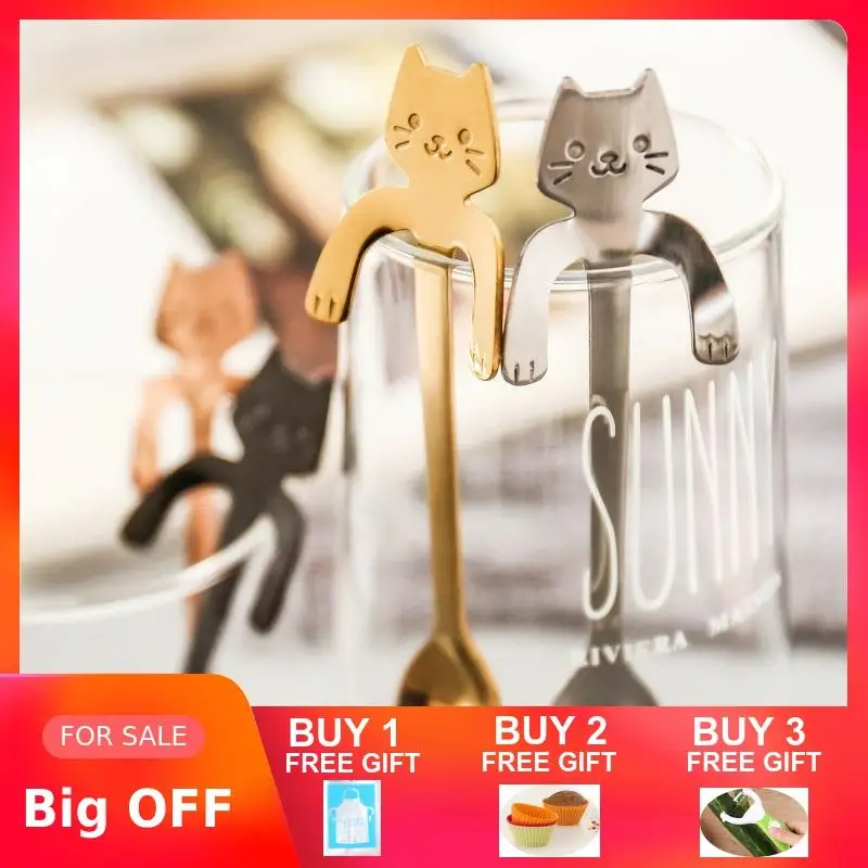 Мини-Ложка для кофе с кошкой 304, подвесная ложка из нержавеющей стали, милая Повседневная посуда для чая/мороженого/десерта, креативные питьевые инструменты
