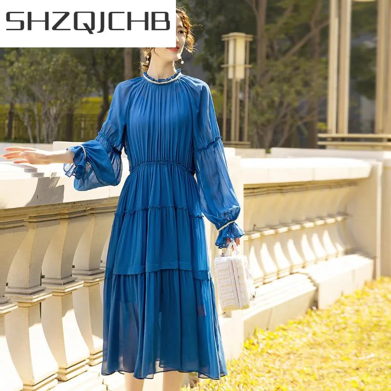 

Женское шелковое платье-миди SHZQ, повседневное элегантное платье с длинным рукавом, весна-лето 100%