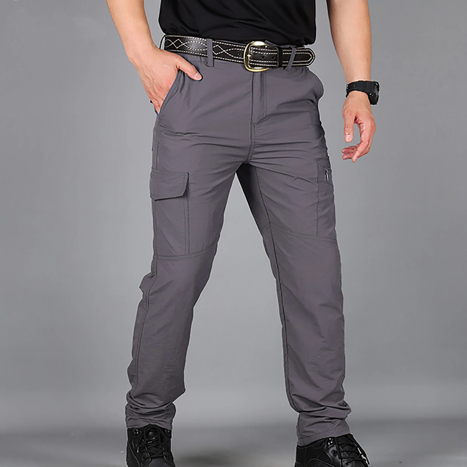 

Men Solid Color Pockets Quick Drying Breathable Joggers Cargo Pants Trousers