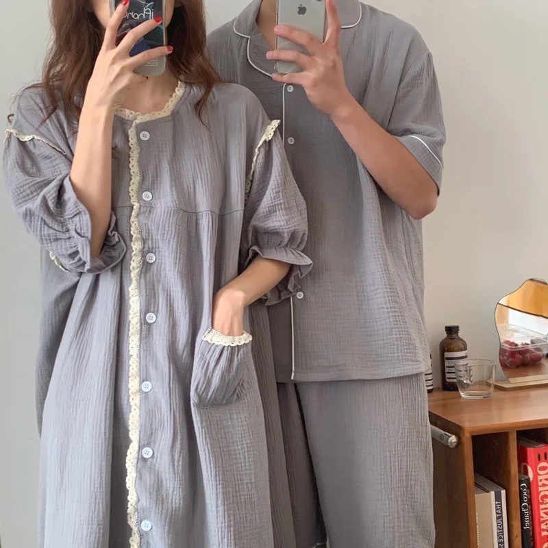 

Women Nightgowns Lace Ruffles Short Sleeve Summer Homewear Dress Single Breasted Sleepwear Lovers Pajamas Men Loose Large Size