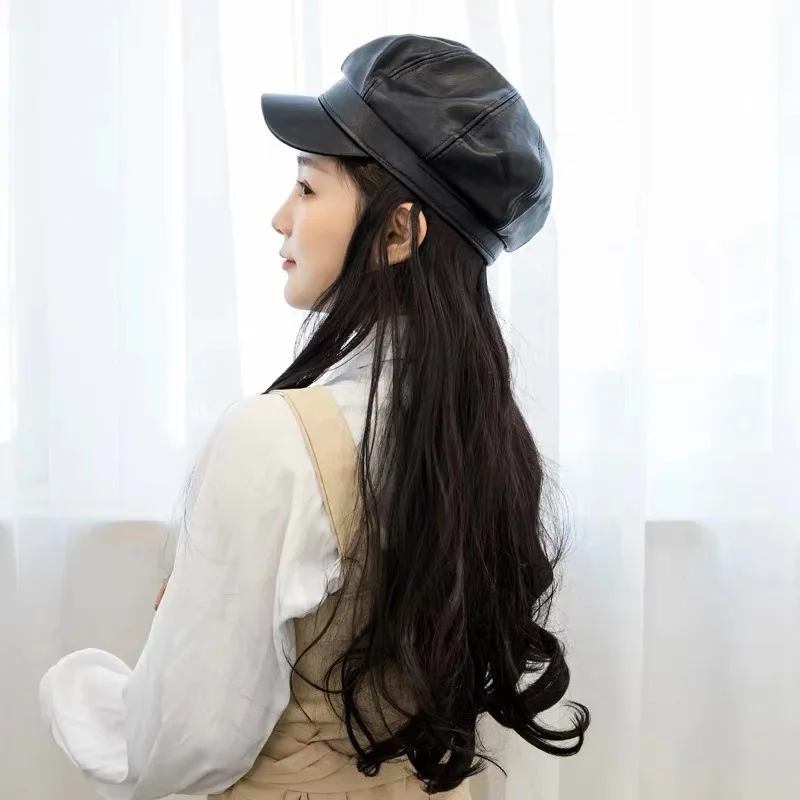 

Шапка из искусственной кожи Женская осенне-зимняя теплая восьмиугольная шапка с длинными волосами