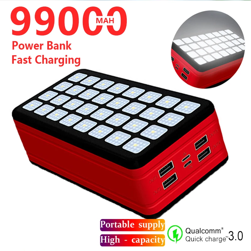 

99000mAh Power Bank Large Capacity Portable Phone Charger Outdoor Waterproof Powerbank Camping Lights for Xiaomi Samsung Iphone