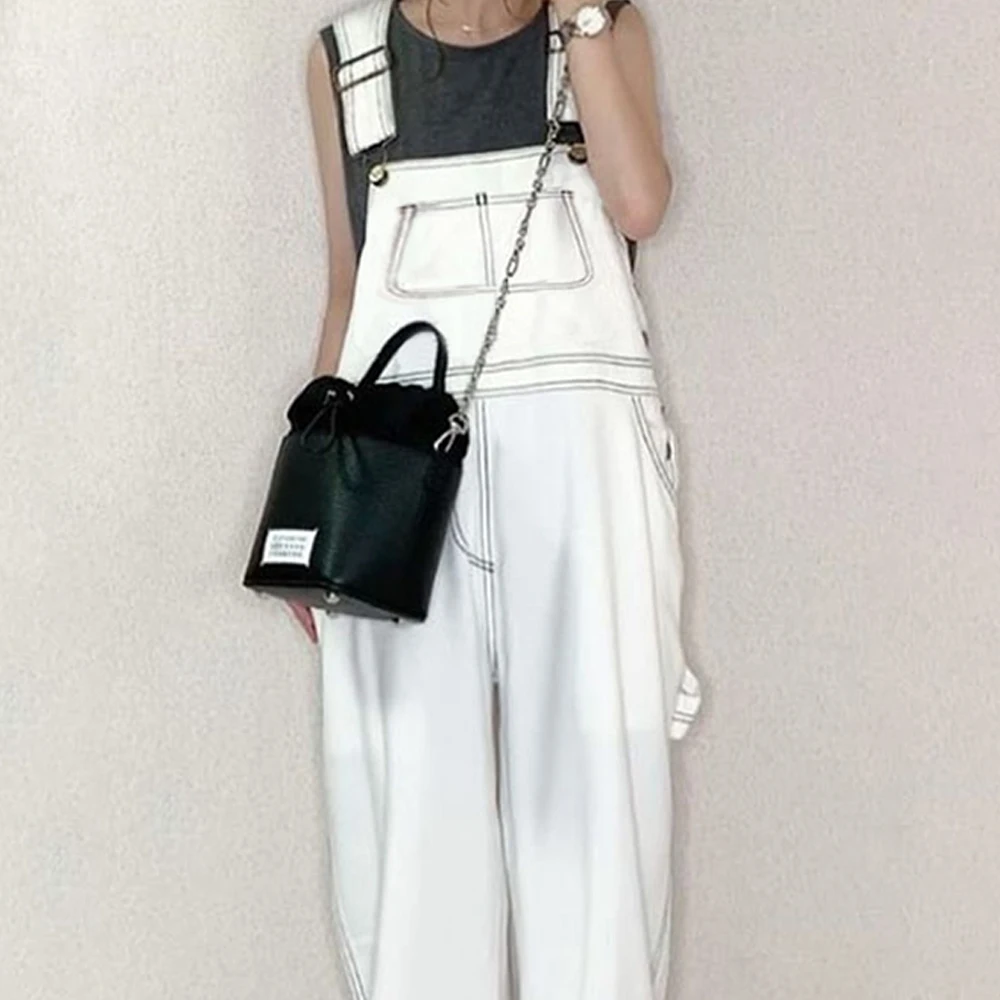 

2021 Summer Japanese White Denim Jumpsuit Overalls Lazy Wind High Waist Ultra Loose Wide Leg Trousers Jumpsuit Autumn Fashion