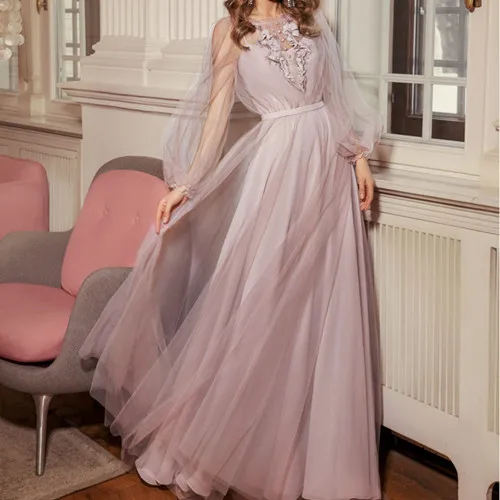 Robe De Soiree, длинное вечернее платье,, круглый вырез, полный рукав, вечернее платье с кружевной аппликацией, платья, vestido de festa Longo - Цвет: As image