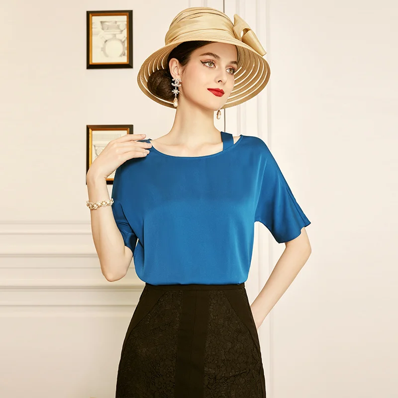 

SHZQ Blue Silk Shirt 2021 New Round Neck Short Sleeve Foreign Fashion Mulberry Silk Shirt Blouse Women