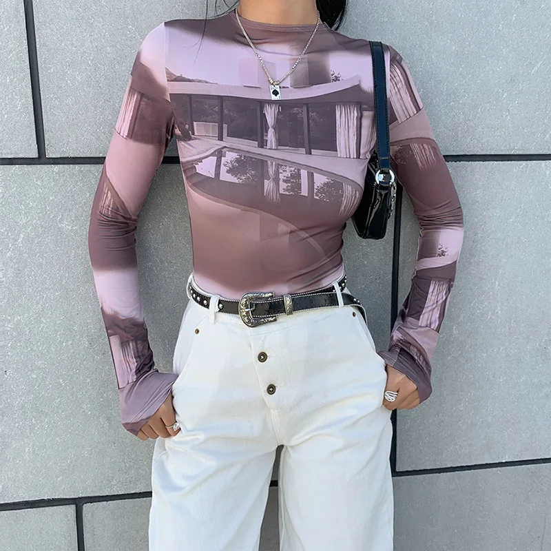 

Slim Long Sleeve Fashion T-shirts O Neck Pattern Printed Tees Tight Hot Winter 2020 New Party Night Club Women's T Shirts
