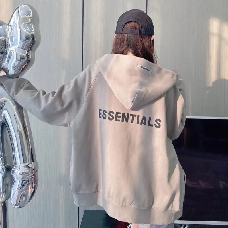 

Reflective Fleece Zipper Pullover Thick Hoodie Essentials Fleece Fog Men and Women Couple Hooded Cardigan Coat Pocket 2021