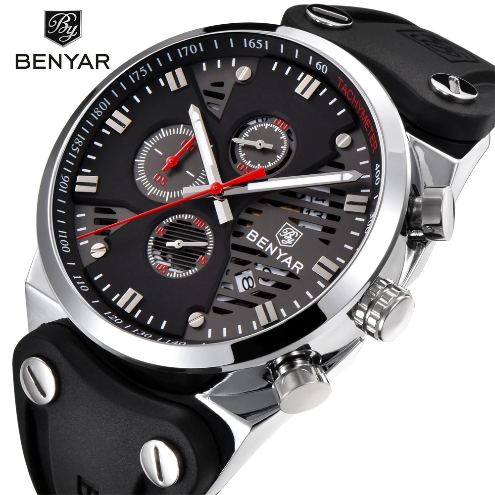 Enlarge BENYAR 2018 New Skeleton Calendar Men's Watches Chronograph Real Three Dial Waterproof 30M Outdoor Hollow Sports Watch white red