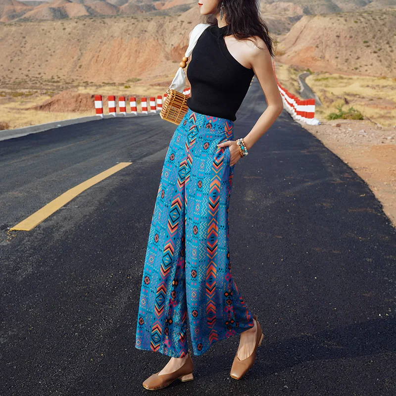 

Korejepo Women Pants 2021 Summer New Bohemian Retro Vacation Wide-leg Pants Printed Thin All-match Straight Silk Casual Trousers
