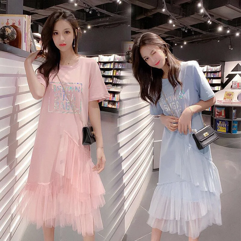 

Character Summer Patchwork Mesh Women Dresses Plus Size Loose Casual Tepmerament Fashion Female Long Short Sleeve Dresses LJ3103
