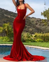 cheap hot fashion red straps mermaid long formal evening dress court train satin banquet prom gown vestidos de festa