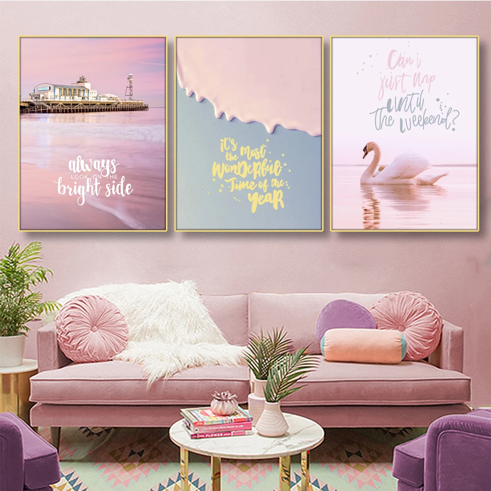 

Scandinavian Swan Sea Landscape Poster Wall Art Canvas Painting Pink Swan Ocean Scenery Pictures Prints Living Room Decor