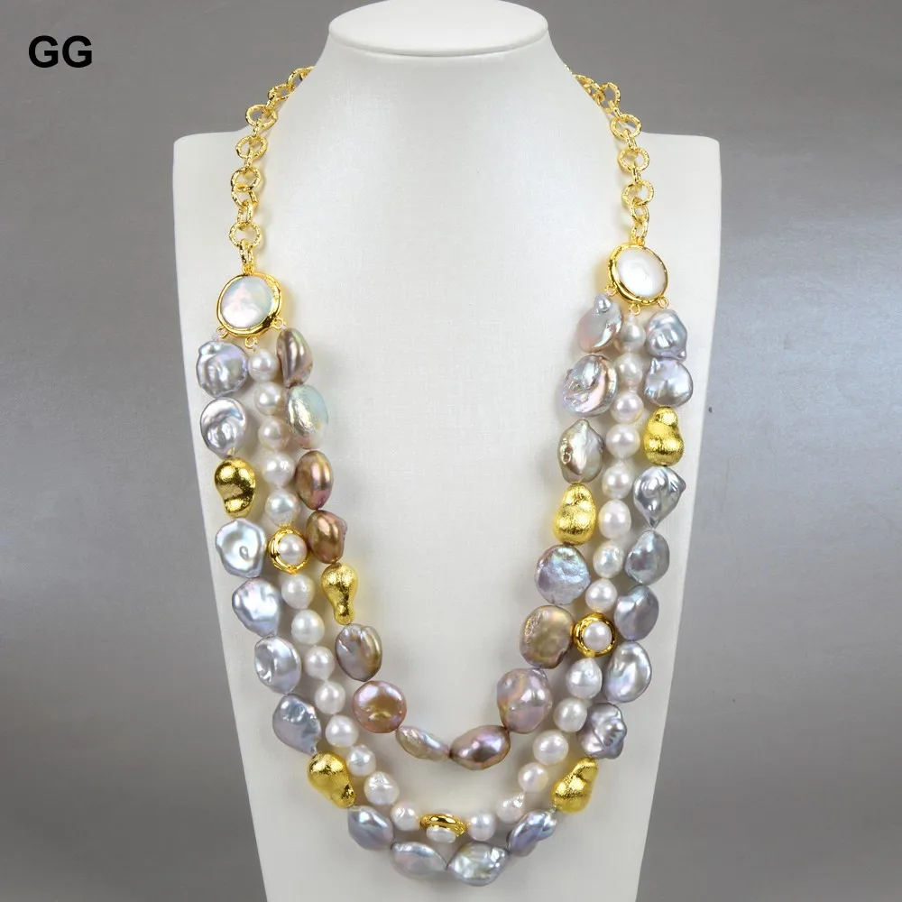 

Ювелирные изделия GuaiGuai, 20 дюймов, 3 нити, натуральный белый жемчуг Кеши, серая фиолетовая монета Кеши, жемчужное ожерелье с кулоном из фианита, классический кулон для женщин