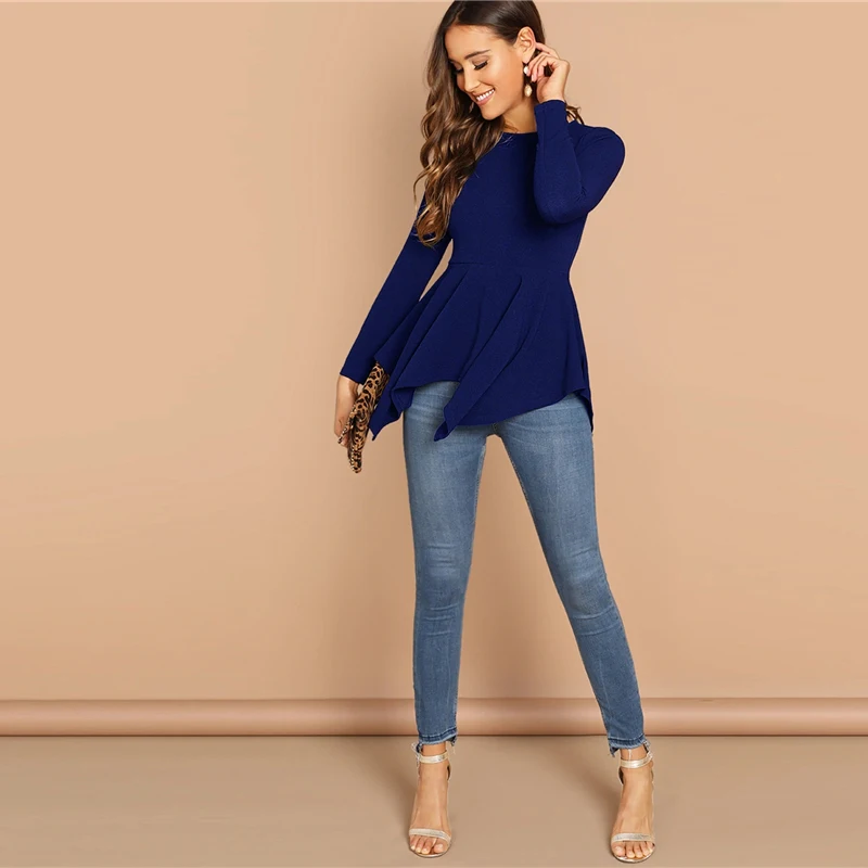 SHEIN Однотонный Топ С Асимметричным Низом И Молнией Женская Черная Классическая Блузка С Длинными Рукавами