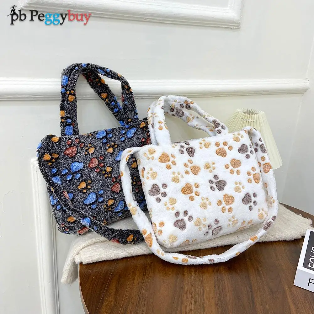

Women Fashion Shoulder Bag Plush Cat Claw Footprints Printing Messenger Bag Ladies Casual Autumn Winter Plush Shoulder Bags