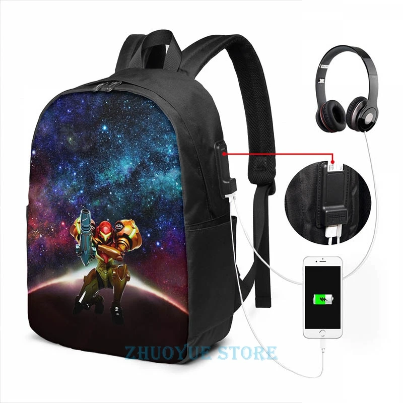Забавный графический принт Metroid Samus Return USB зарядка Рюкзак Мужские школьные сумки