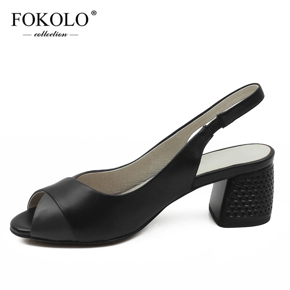 

FOKOLO Sandals for Women Black Peep Toe Sheepskin Elastic Band Heels 2021 Summer Soft Handmade Genuine Leather Ladies Shoes L18