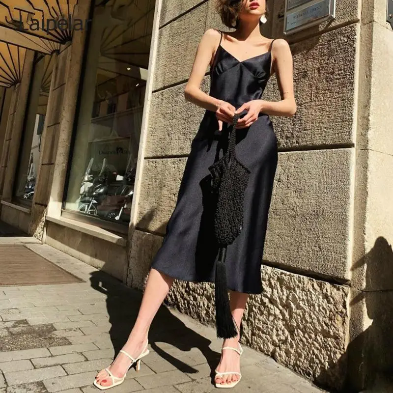 

V-neck Sleeveless Dresses Women Spaghetti Strap Mid-Calf Sheath Party Dresses Femme Clothes Women Summer 2020 New