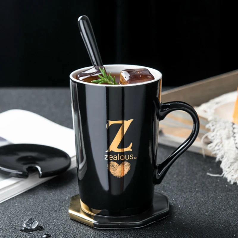 

Personality Ceramic Couple Coffee Cup Classic Black Trend Letter Mug Coffee Mugs Creative With Spoon Lid Gift Box Cappuccino Cup