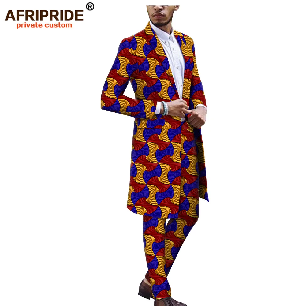 Африканский Анкара Дашики костюм для мужчин AFRIPRIDE Портной сделал Базен richi одна пуговица длинная куртка+ длинные брюки A1816012 - Цвет: 543J