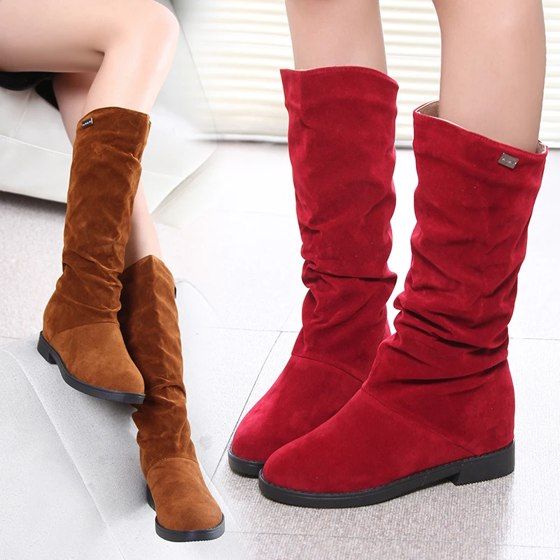 Ботинки женские из флока матовые сапоги до середины икры на низком каблуке обувь