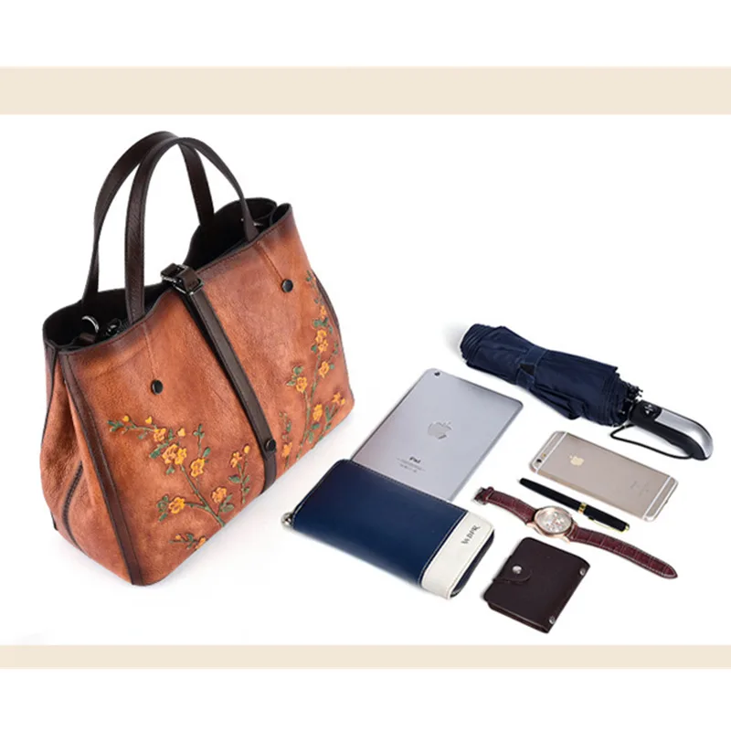 

Vintage Embossed Flower Genuine Leather Female Handbag Women Shoulder Bag Hand-colored Ladies Crossbody Cowhide Bags Sac A Main