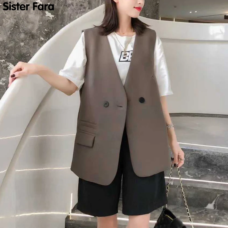 

Sister Fara Spring 2021 Sleeveless V-Neck Vests For Women Single Breasted Loose Casual Coat Autumn Office Lady Fashion Vests