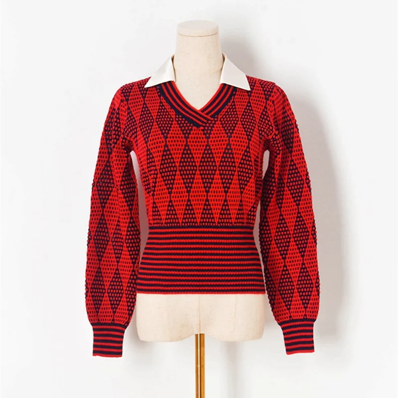 

Autumn Retro Argyle Plaid Short Sweater Female 2021 Y2k Fashion Turn Donw Collar Long Sleeve Slim Knitted Pullover Sweaters