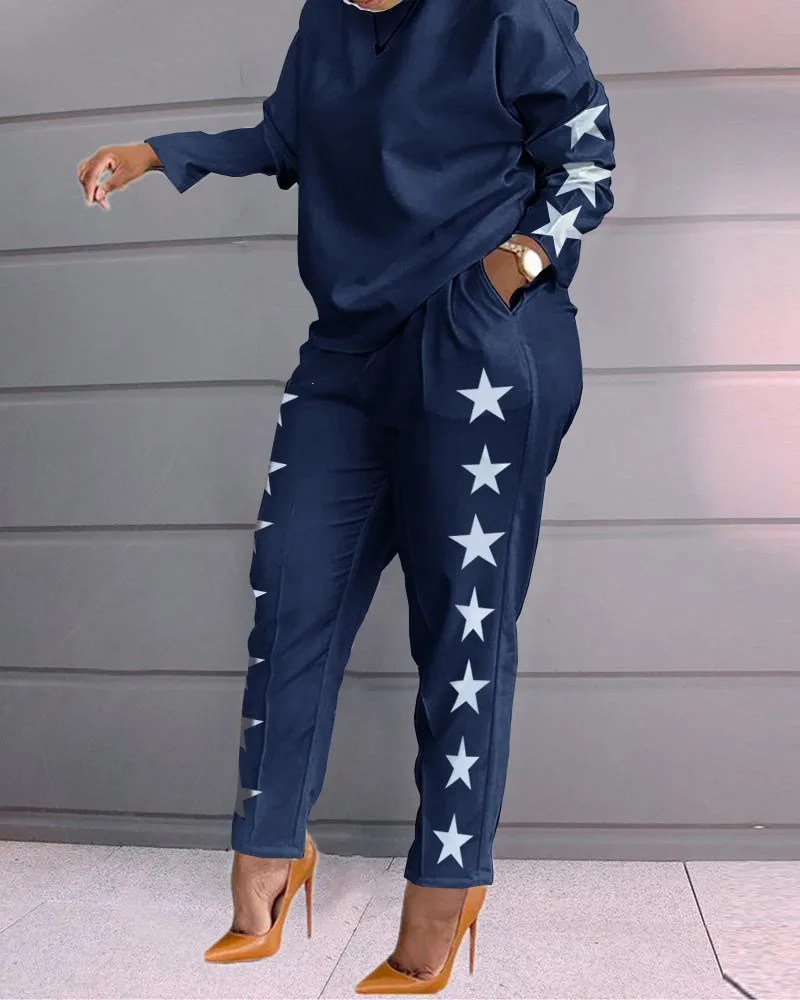 2021 Star Print Long Sleeve Top & Pocket Design Pants Set