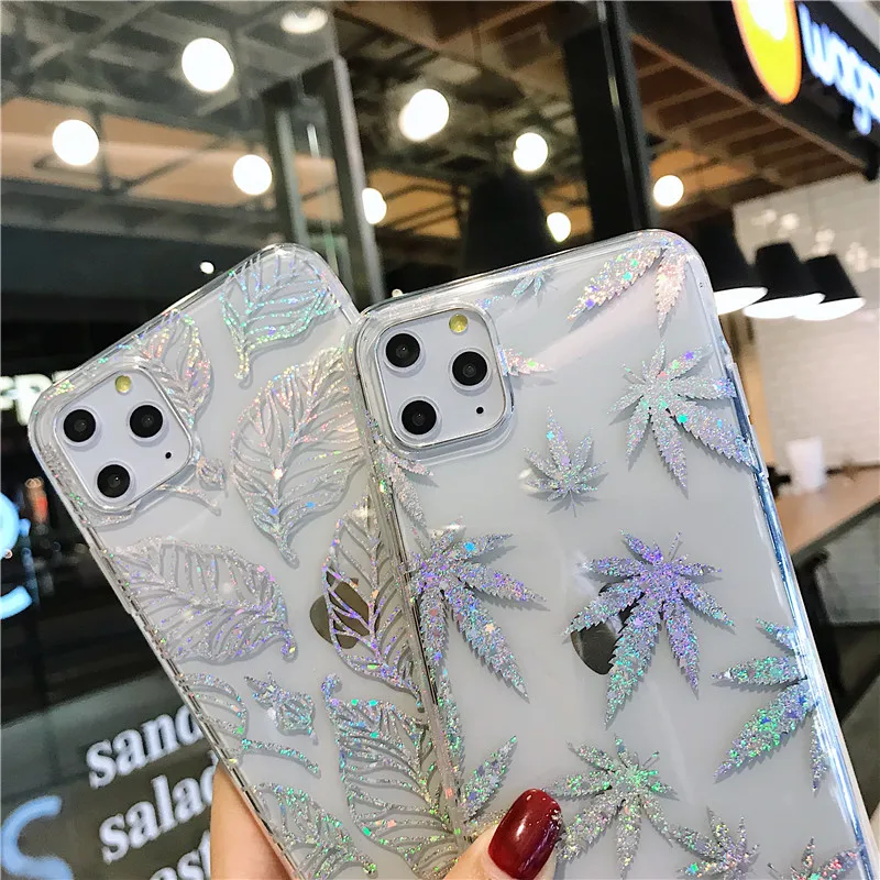 Прозрачный чехол с блестящими листьями для iPhone 12 11 Pro X XS Max XR 6 6S 8 7 Plus прозрачная